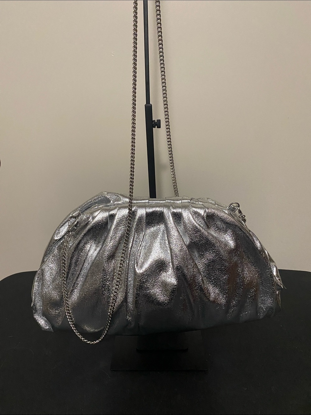 Metallic Silver Pleated Shoulder Bag with Chain Strap